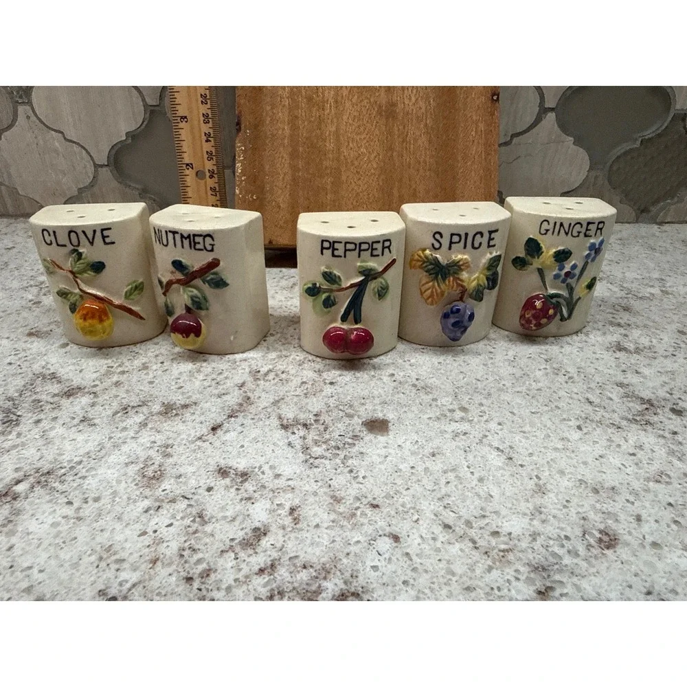 Vintage Japan Ceramic Spice Shaker Set with Wood Rack Fruit Floral 5 Piece MCM